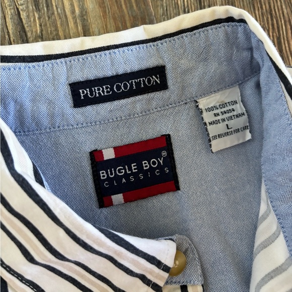 Bugle Boy Classics Mens Shirt Size Lg White Black Tan Striped S/S Button Up Logo - Picture 5 of 8